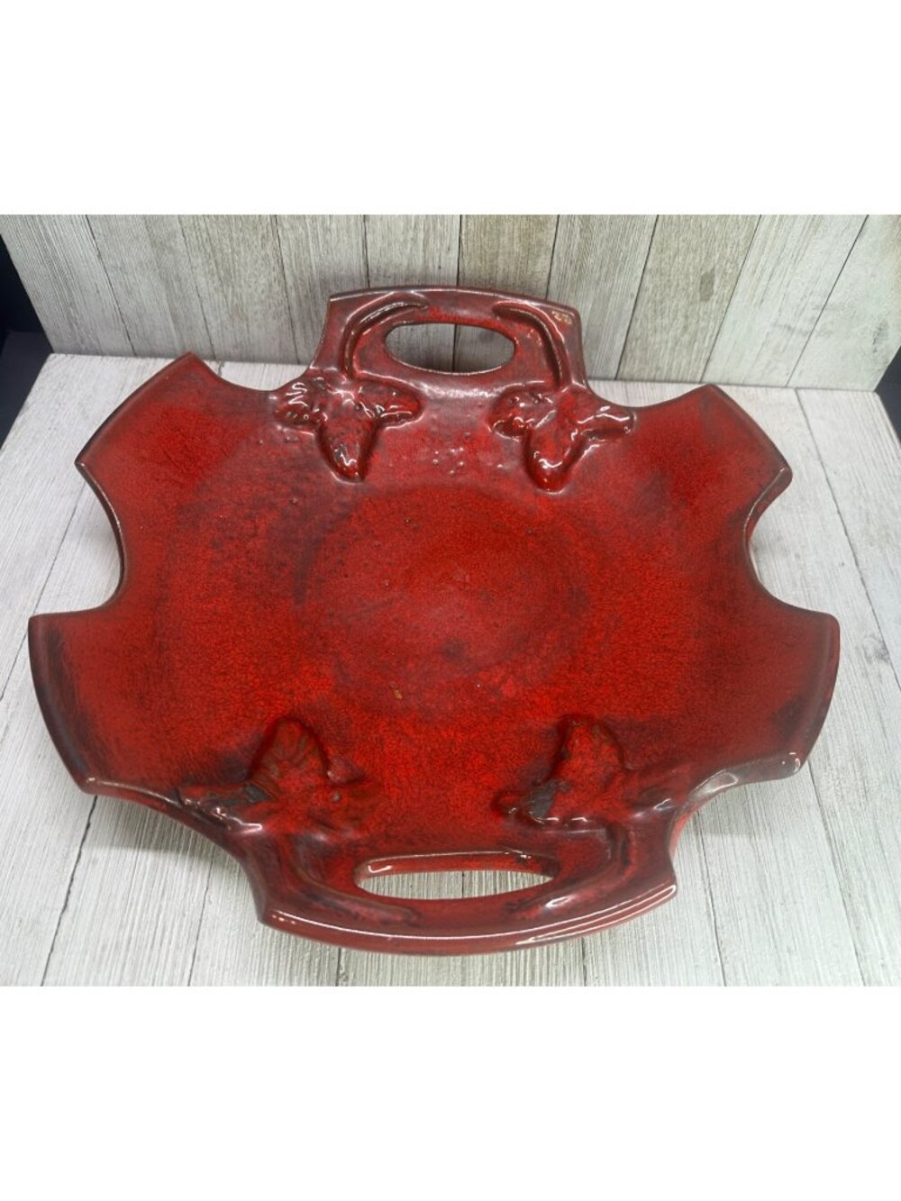 Vtg Heavy Oxblood Red Stone Decorative Tray Ivy Accents 13" Diameter Handles
